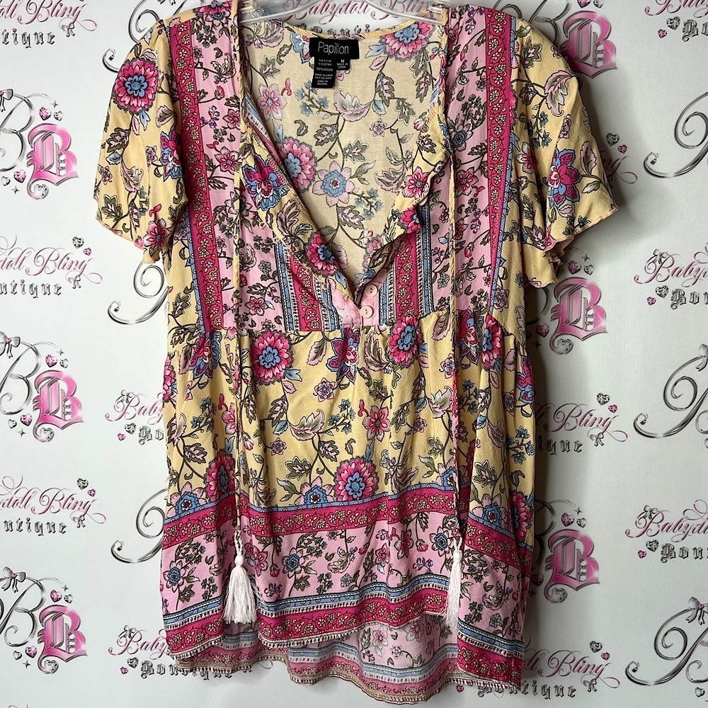 Papillon short sleeve blouse boho flowers Floral Women's Top - Pink and Yellow